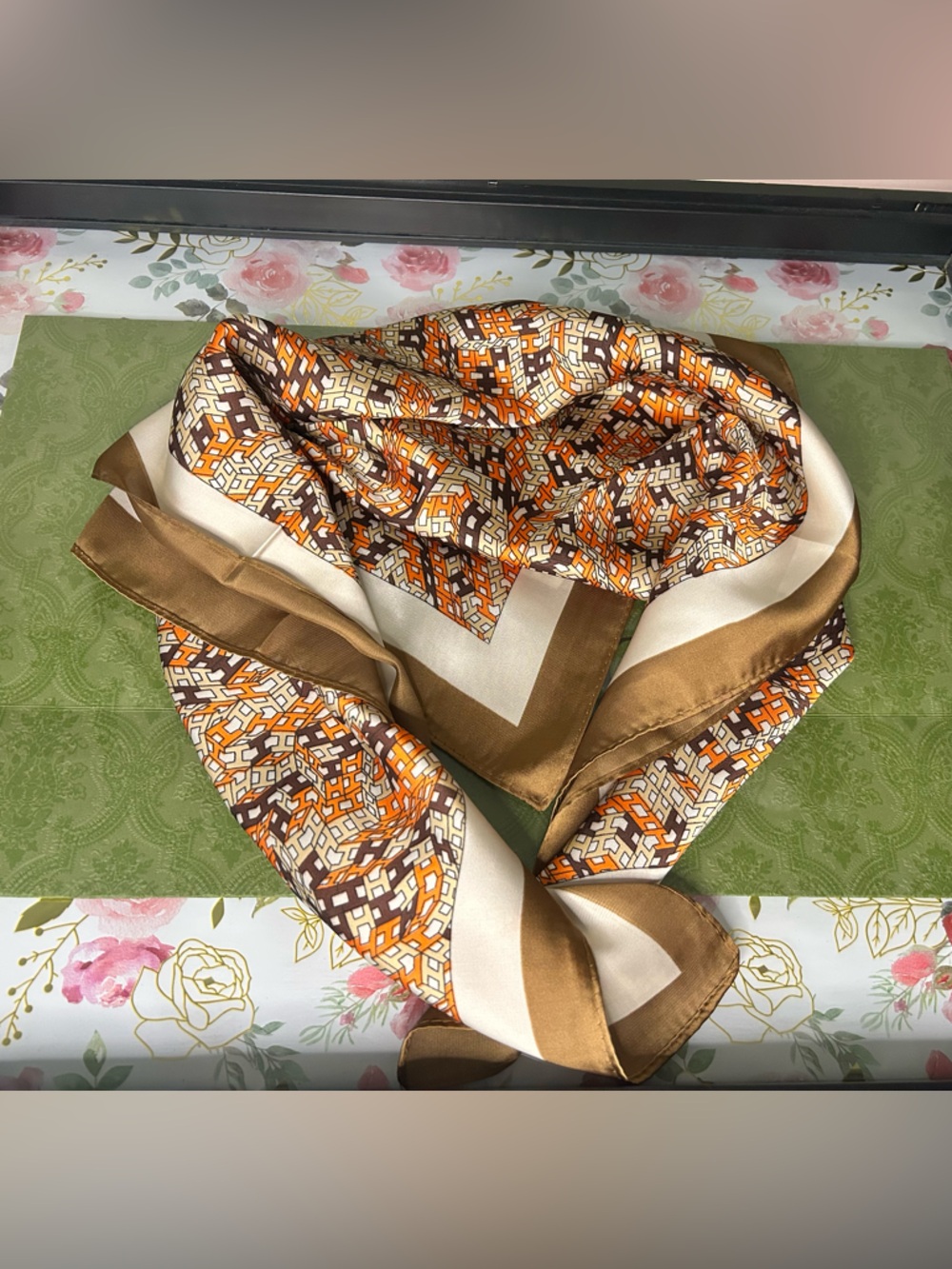 Geometric Print Silk Scarf in Gold, Brown & Cream - Picture 2 of 4